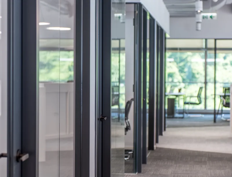 Modern office corridor with black-framed glass meeting rooms, carpeted flooring, and views of greenery through large windows.
