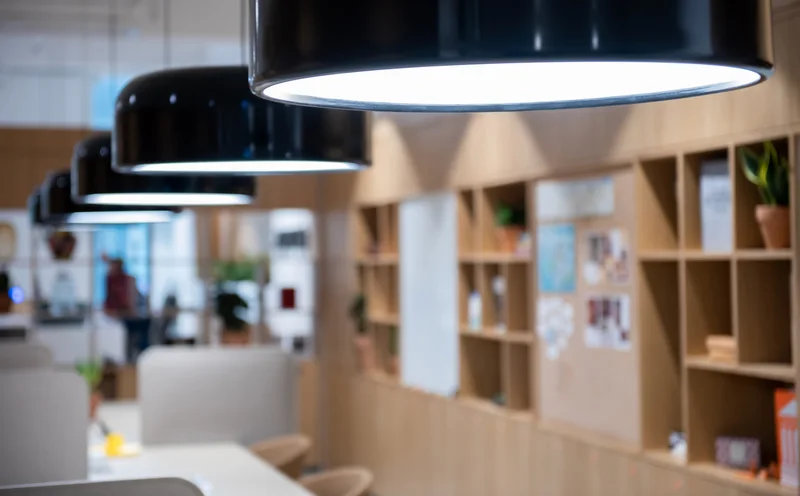 Contemporary office interior with black pendant lights, warm wood shelving, white seating, and potted plants.